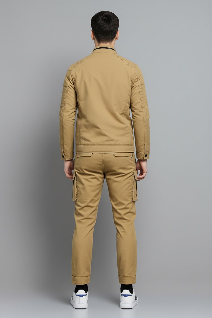 Men Khaki  Mandarin Collar Long Sleeves Cotton Tailored Jacket With Zip Detail