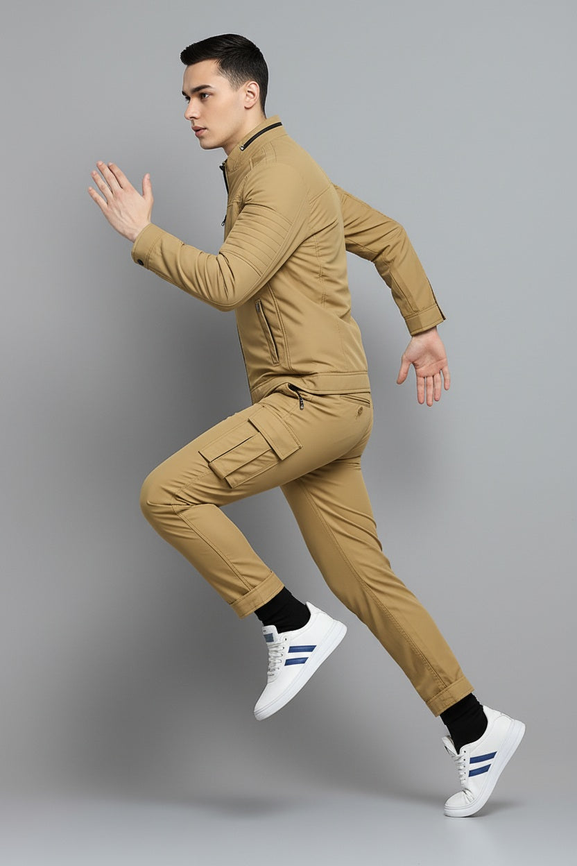 Men Khaki  Mandarin Collar Long Sleeves Cotton Tailored Jacket With Zip Detail