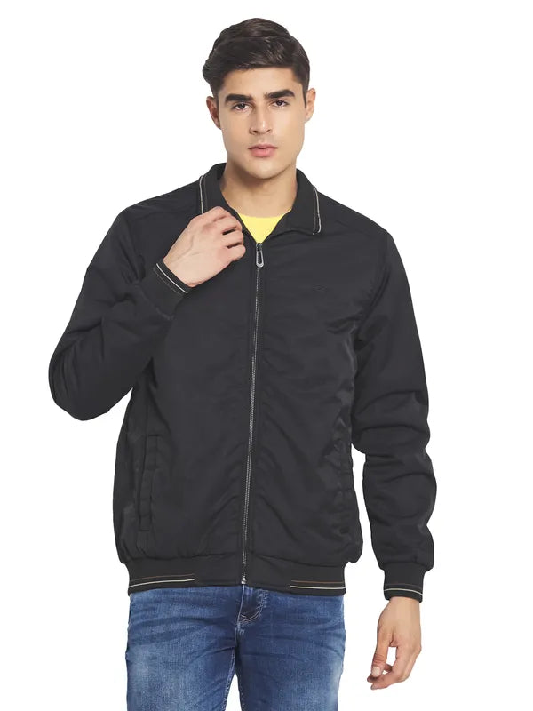 Mettle Men Black Solid Nylon Long Sleeves Bomber Jacket