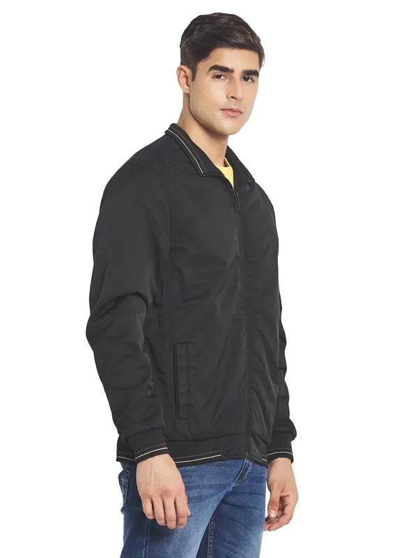 Mettle Men Black Solid Nylon Long Sleeves Bomber Jacket