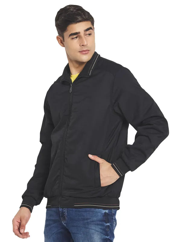 Mettle Men Black Solid Nylon Long Sleeves Bomber Jacket