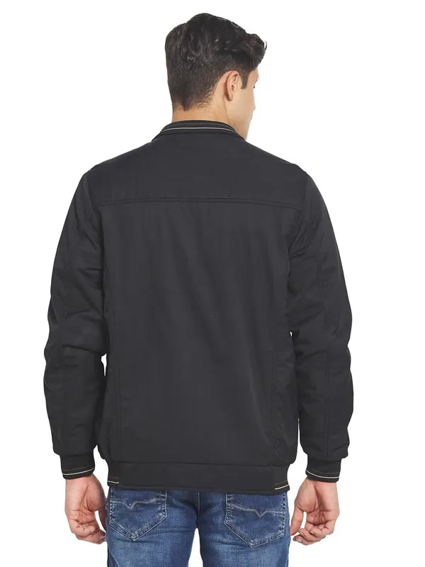 Mettle Men Black Solid Nylon Long Sleeves Bomber Jacket