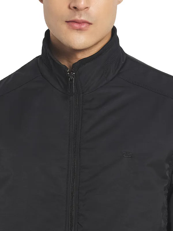 Mettle Men Black Solid Nylon Long Sleeves Bomber Jacket