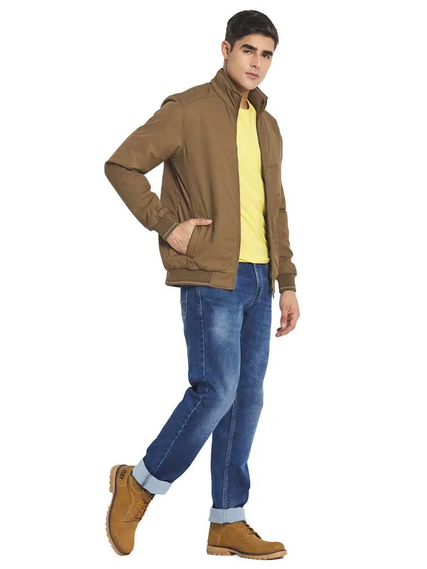 Mettle Men Khaki Solid Long Sleeves Bomber Jacket