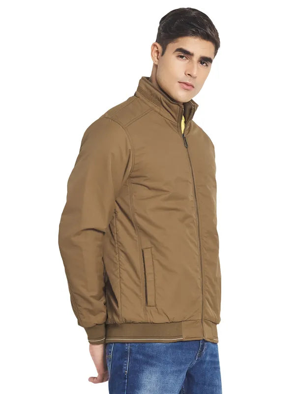 Mettle Men Khaki Solid Long Sleeves Bomber Jacket