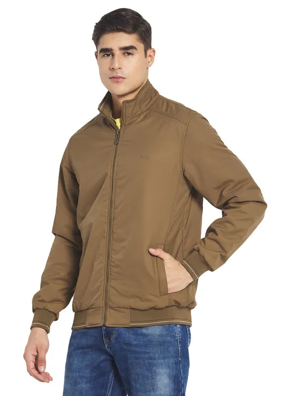 Mettle Men Khaki Solid Long Sleeves Bomber Jacket