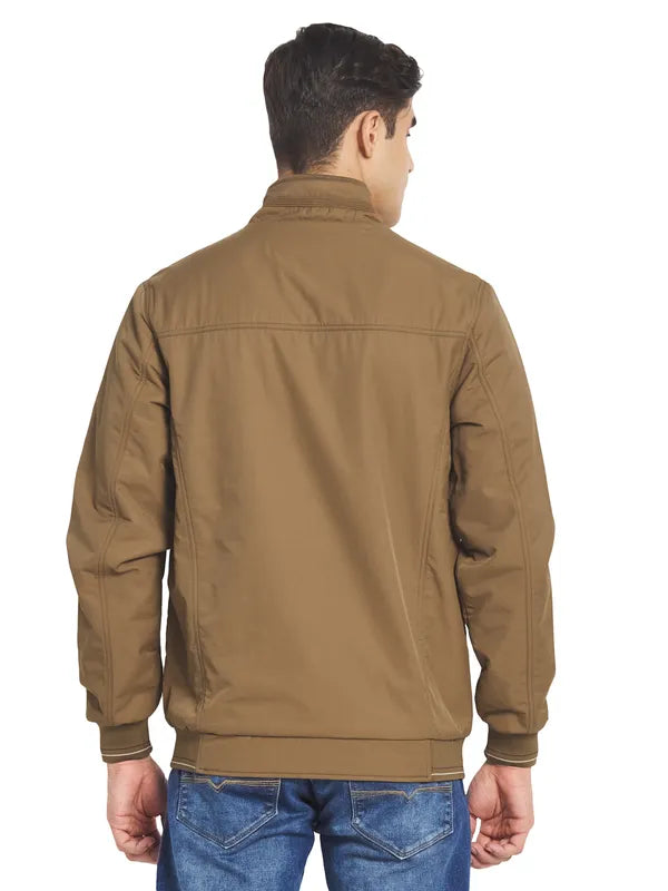 Mettle Men Khaki Solid Long Sleeves Bomber Jacket