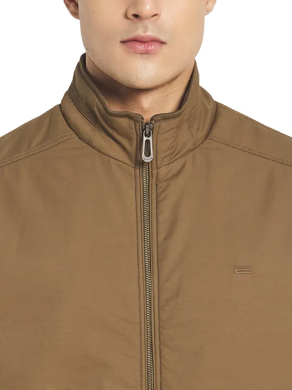 Mettle Men Khaki Solid Long Sleeves Bomber Jacket