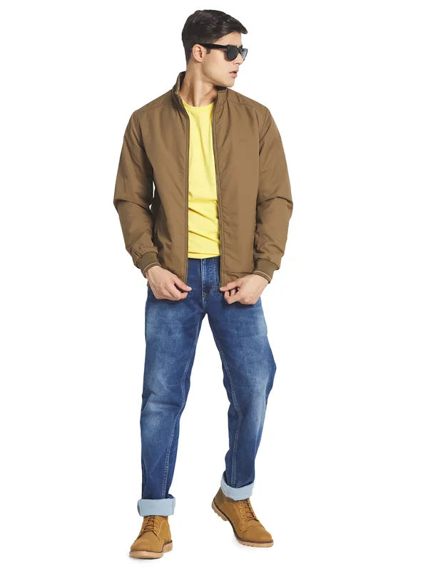 Mettle Men Khaki Solid Long Sleeves Bomber Jacket