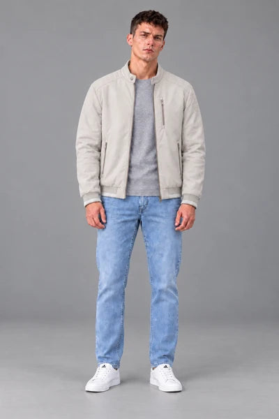 Men’s Regular Fit Woven Full-Zip Jacket with Stand Collar & Zip Pockets – Beige