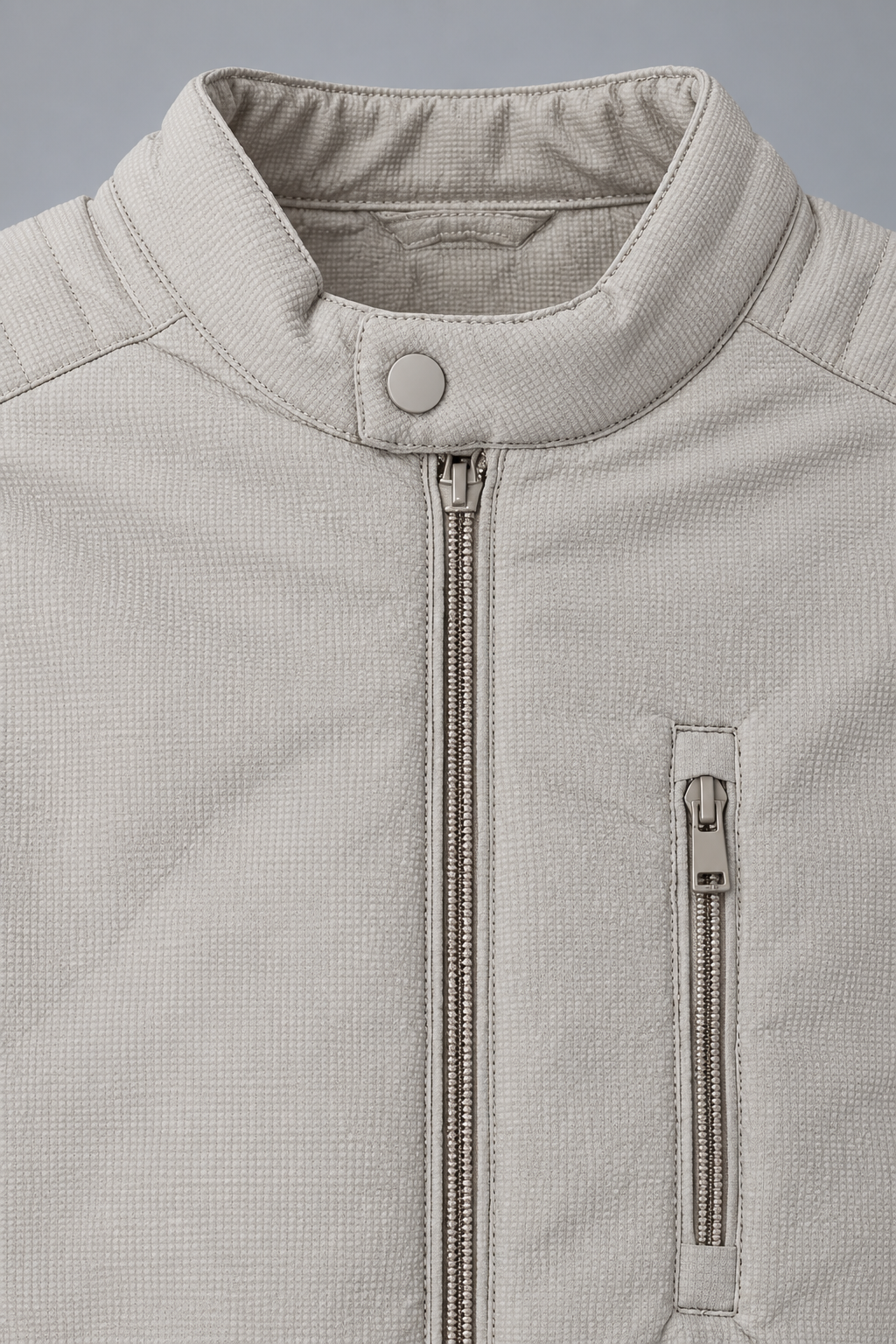 Men’s Regular Fit Woven Full-Zip Jacket with Stand Collar & Zip Pockets – Beige