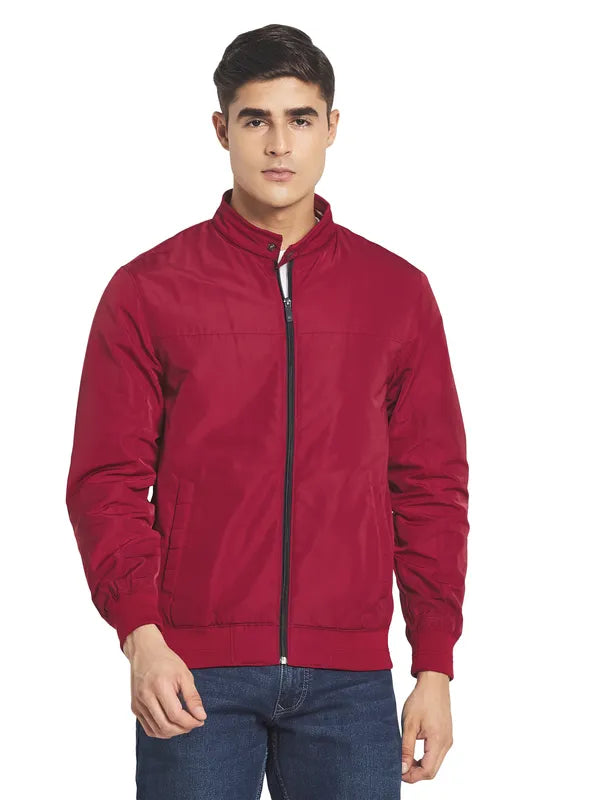 Mettle Men Maroon Solid Nylon Long Sleeves Bomber Jacket