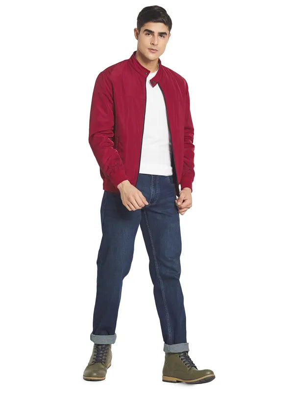 Mettle Men Maroon Solid Nylon Long Sleeves Bomber Jacket