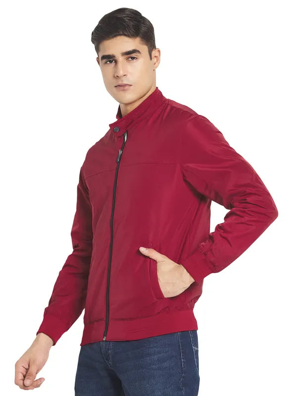 Mettle Men Maroon Solid Nylon Long Sleeves Bomber Jacket