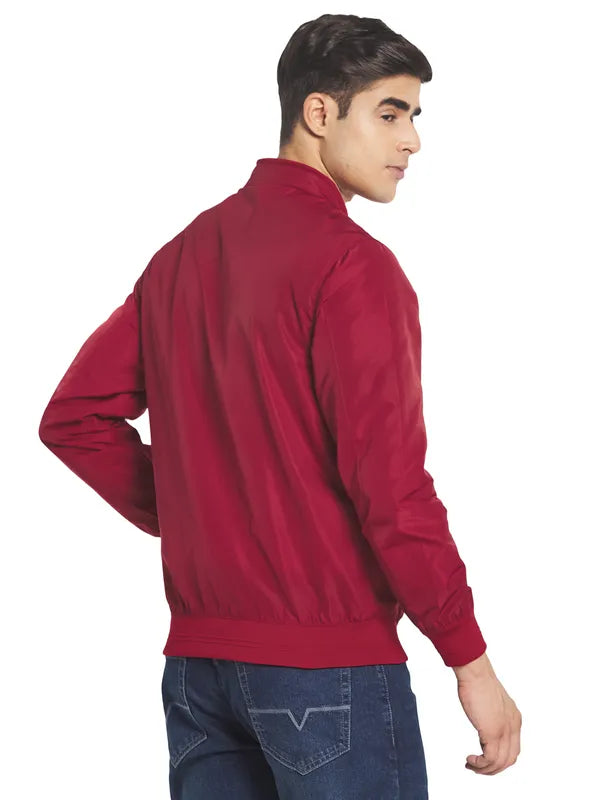 Mettle Men Maroon Solid Nylon Long Sleeves Bomber Jacket