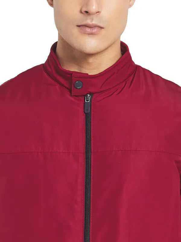 Mettle Men Maroon Solid Nylon Long Sleeves Bomber Jacket