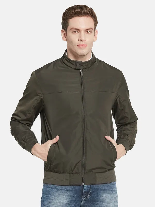 Men Olive Green Solid Bomber Jacket