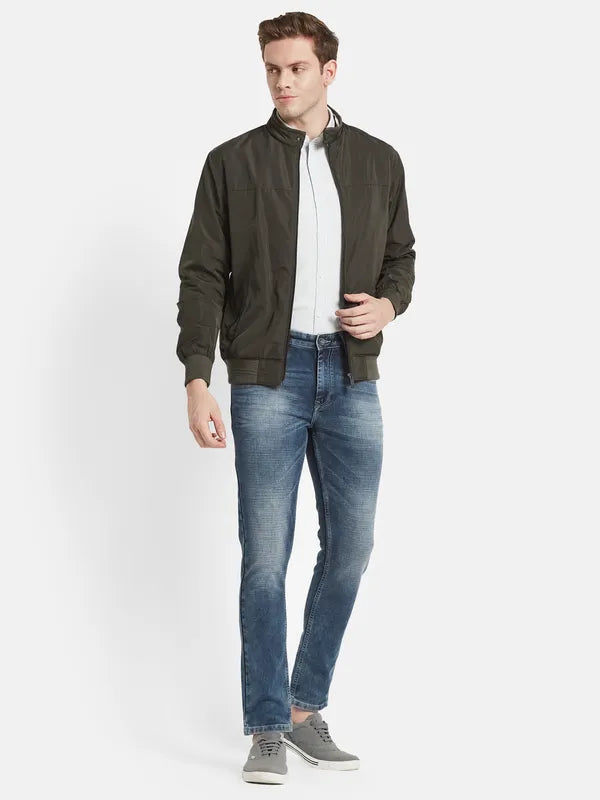 Men Olive Green Solid Bomber Jacket