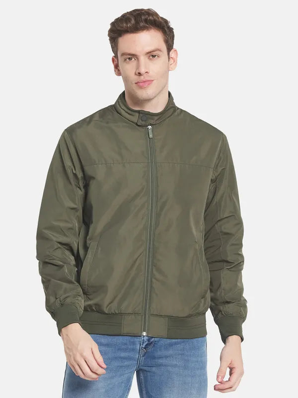 Men Green Solid Bomber Jacket