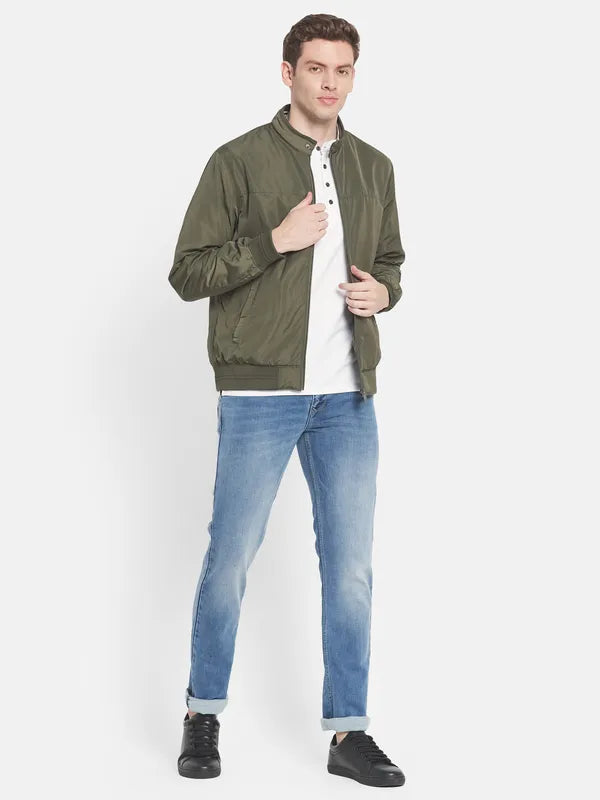 Men Green Solid Bomber Jacket