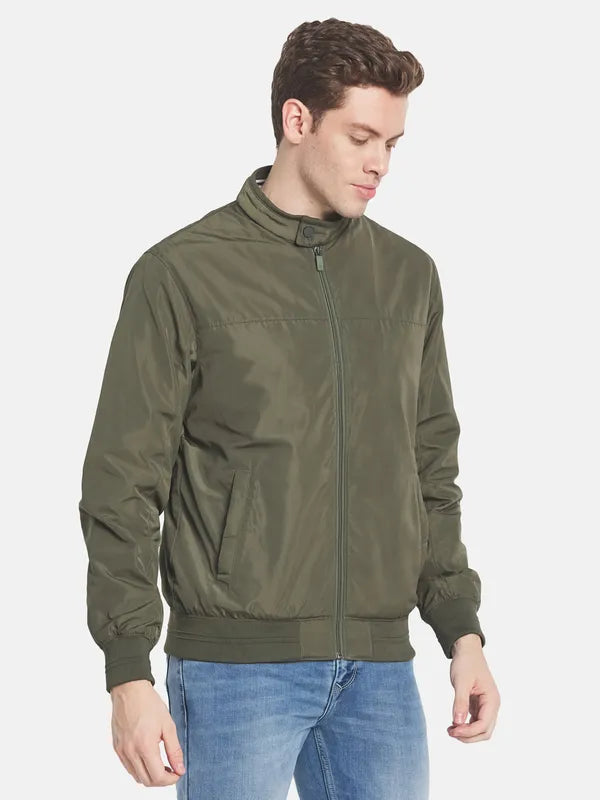 Men Green Solid Bomber Jacket