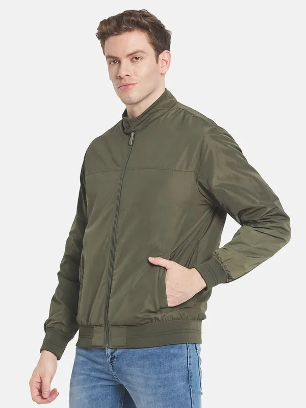 Men Green Solid Bomber Jacket