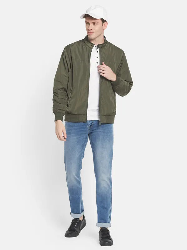 Men Green Solid Bomber Jacket