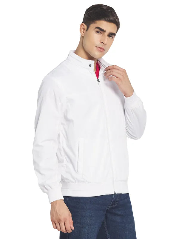 Mettle Men White Solid Long Sleeves Bomber Jacket