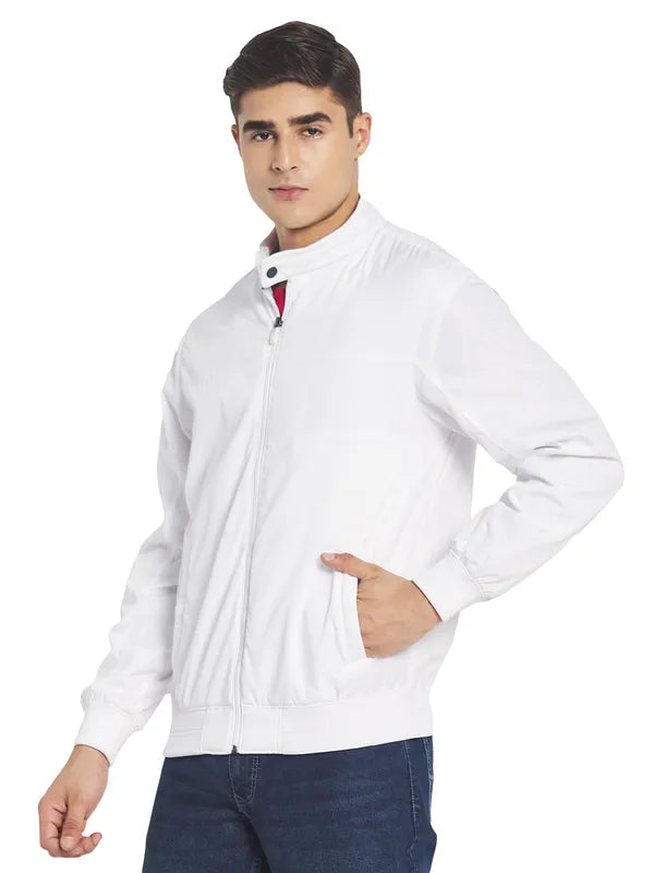 Mettle Men White Solid Long Sleeves Bomber Jacket