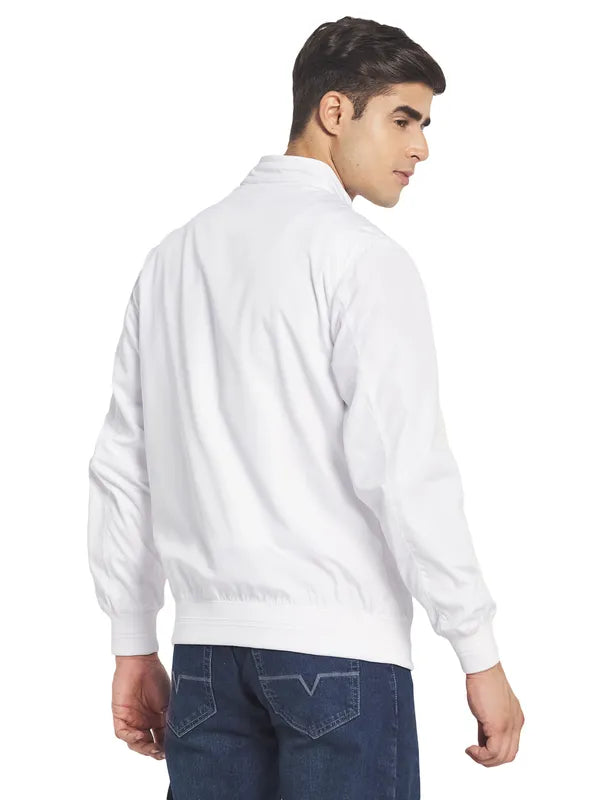 Mettle Men White Solid Long Sleeves Bomber Jacket