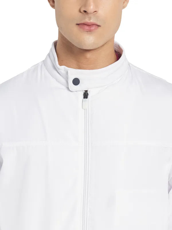 Mettle Men White Solid Long Sleeves Bomber Jacket