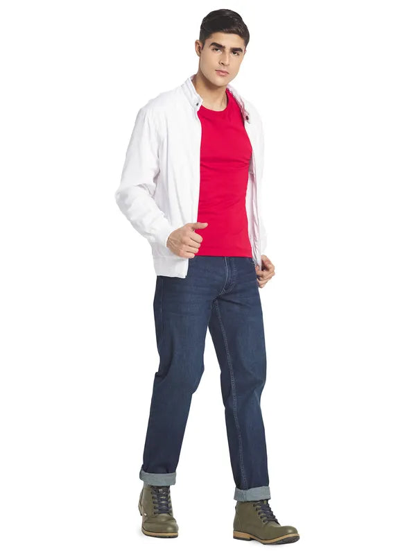 Mettle Men White Solid Long Sleeves Bomber Jacket