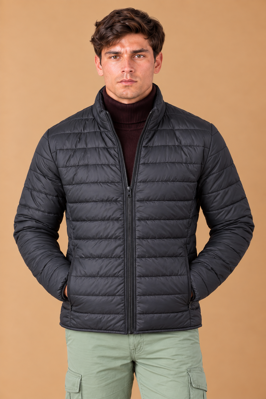 Men’s Reversible Puffer Jacket – Black & Steel Grey Regular Fit Full-Zip Winter Jacket