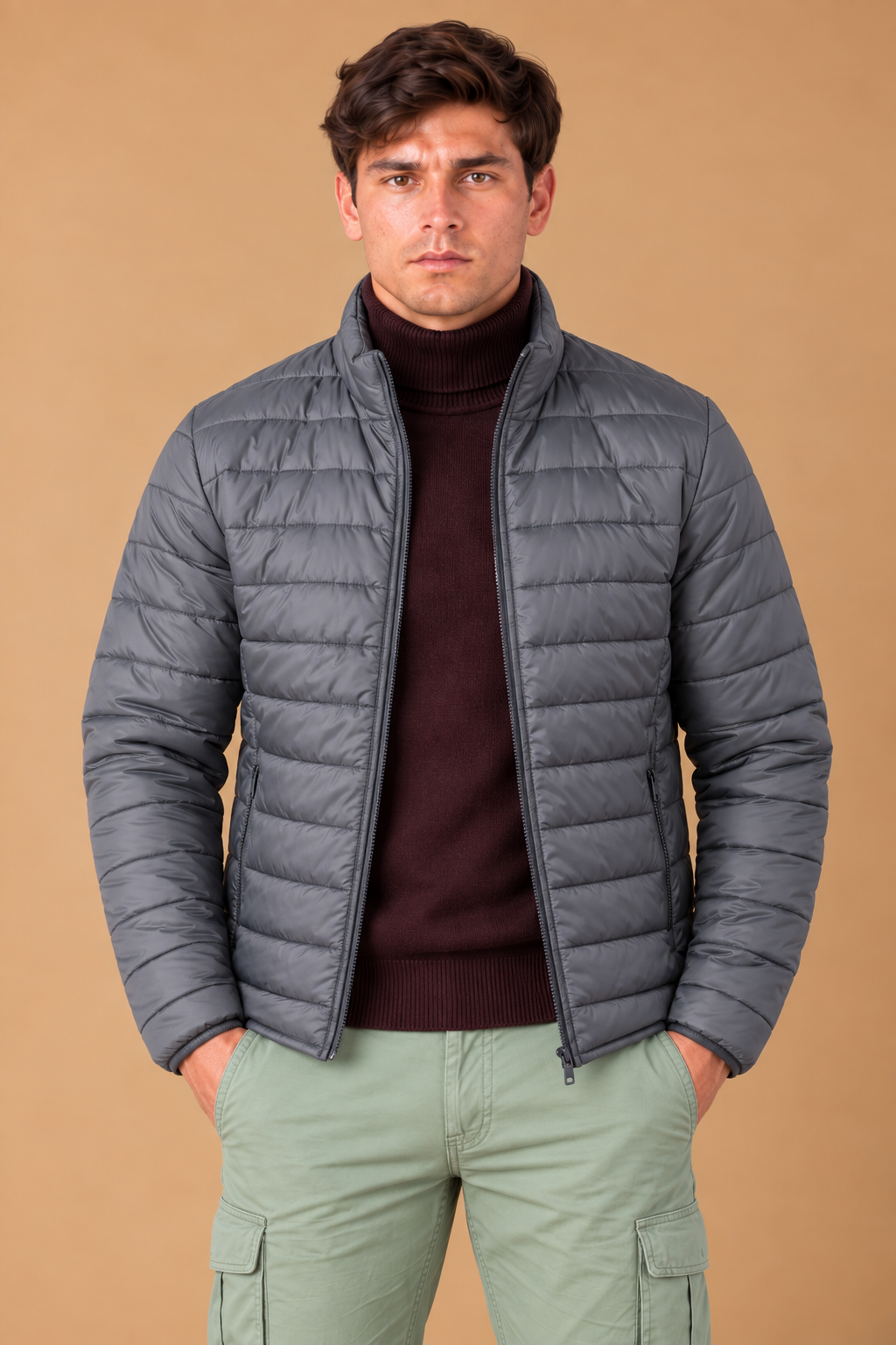 Men’s Reversible Puffer Jacket – Black & Steel Grey Regular Fit Full-Zip Winter Jacket
