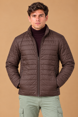 Men’s Reversible Puffer Jacket – Espresso & Khakhi Grey Regular Fit Full-Zip Winter Jacket