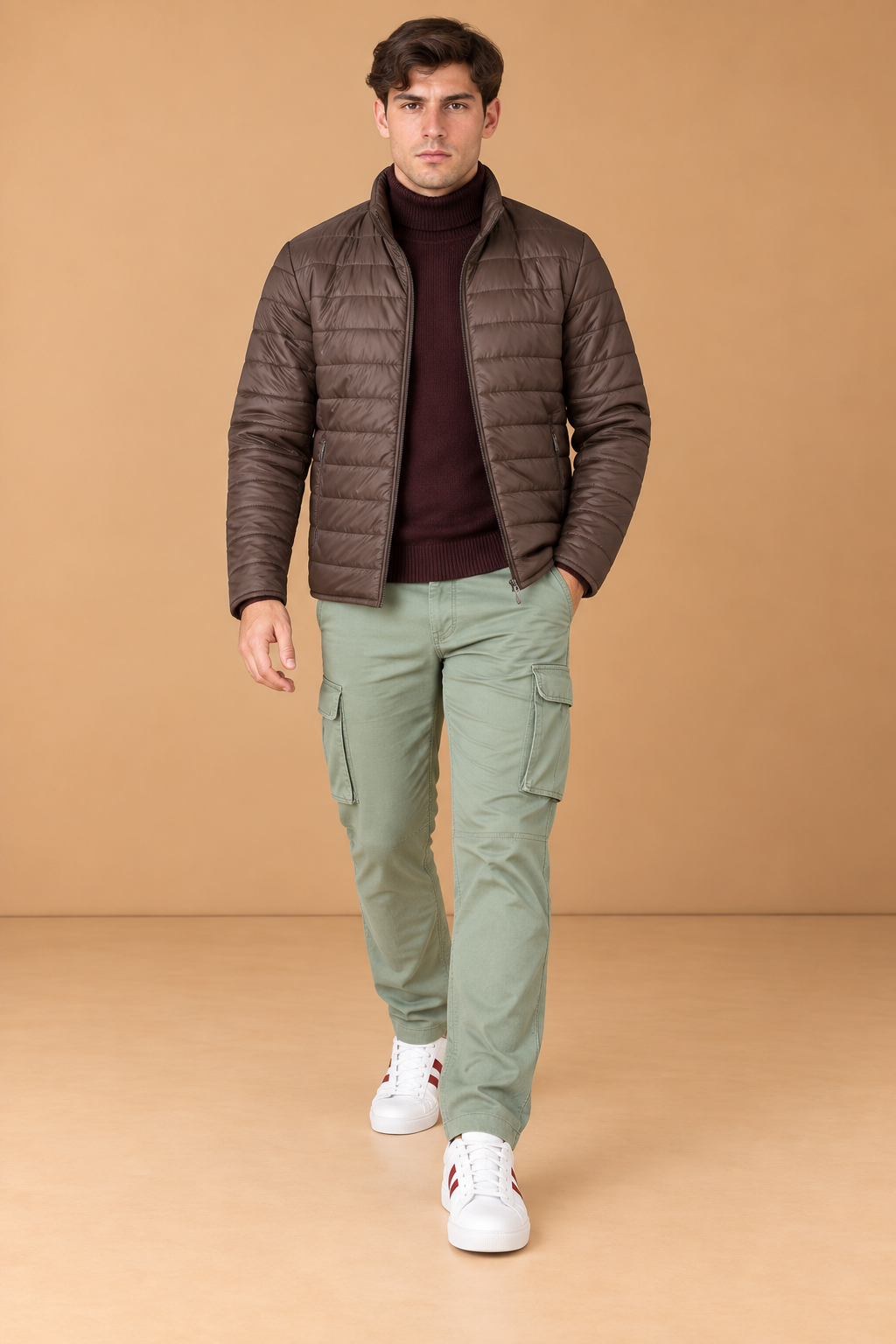 Men’s Reversible Puffer Jacket – Espresso & Khakhi Grey Regular Fit Full-Zip Winter Jacket