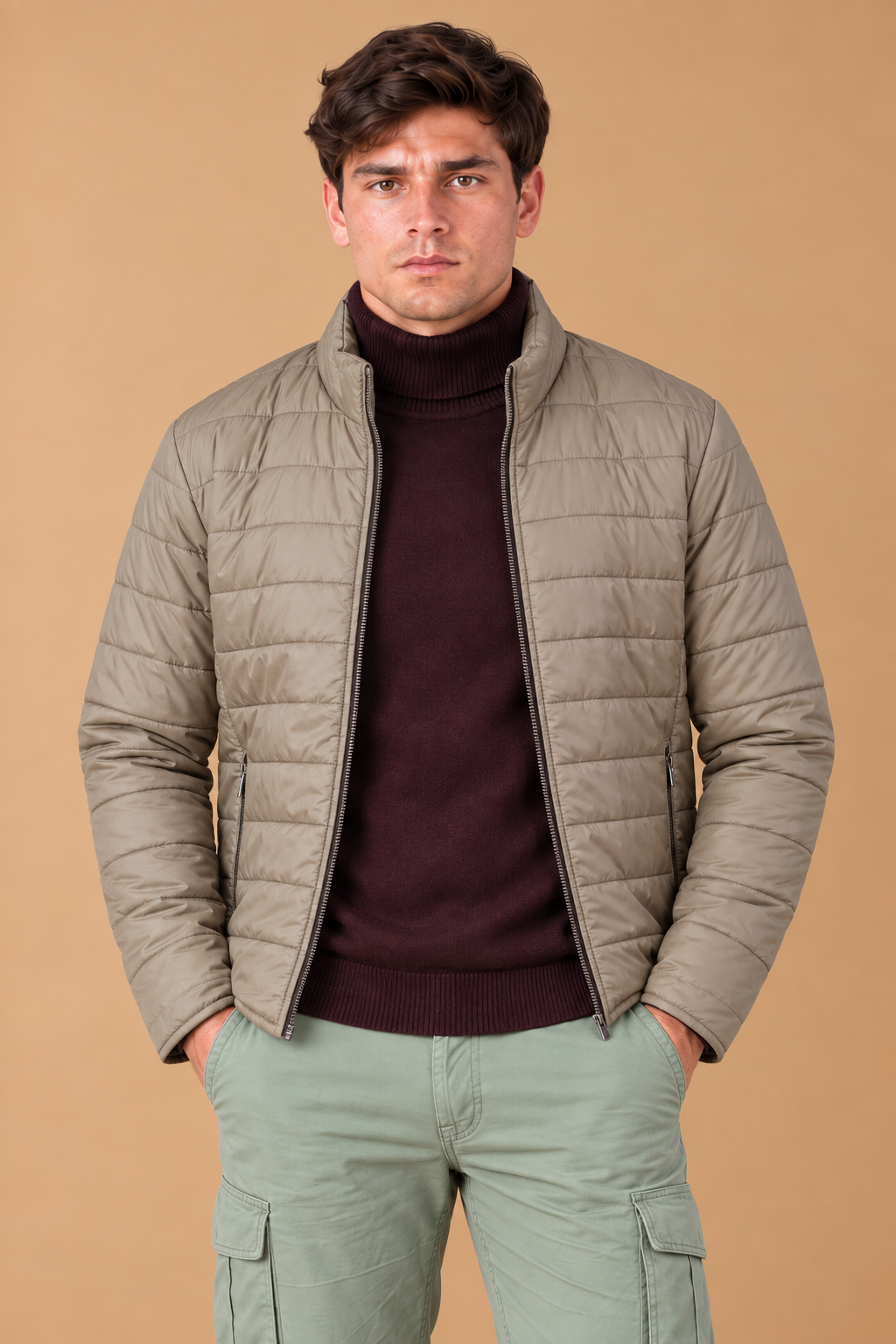 Men’s Reversible Puffer Jacket – Espresso & Khakhi Grey Regular Fit Full-Zip Winter Jacket