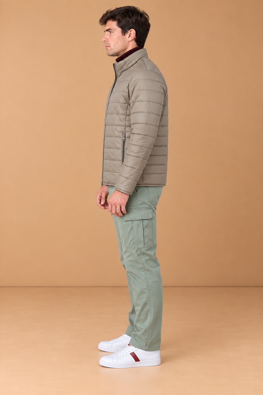 Men’s Reversible Puffer Jacket – Espresso & Khakhi Grey Regular Fit Full-Zip Winter Jacket