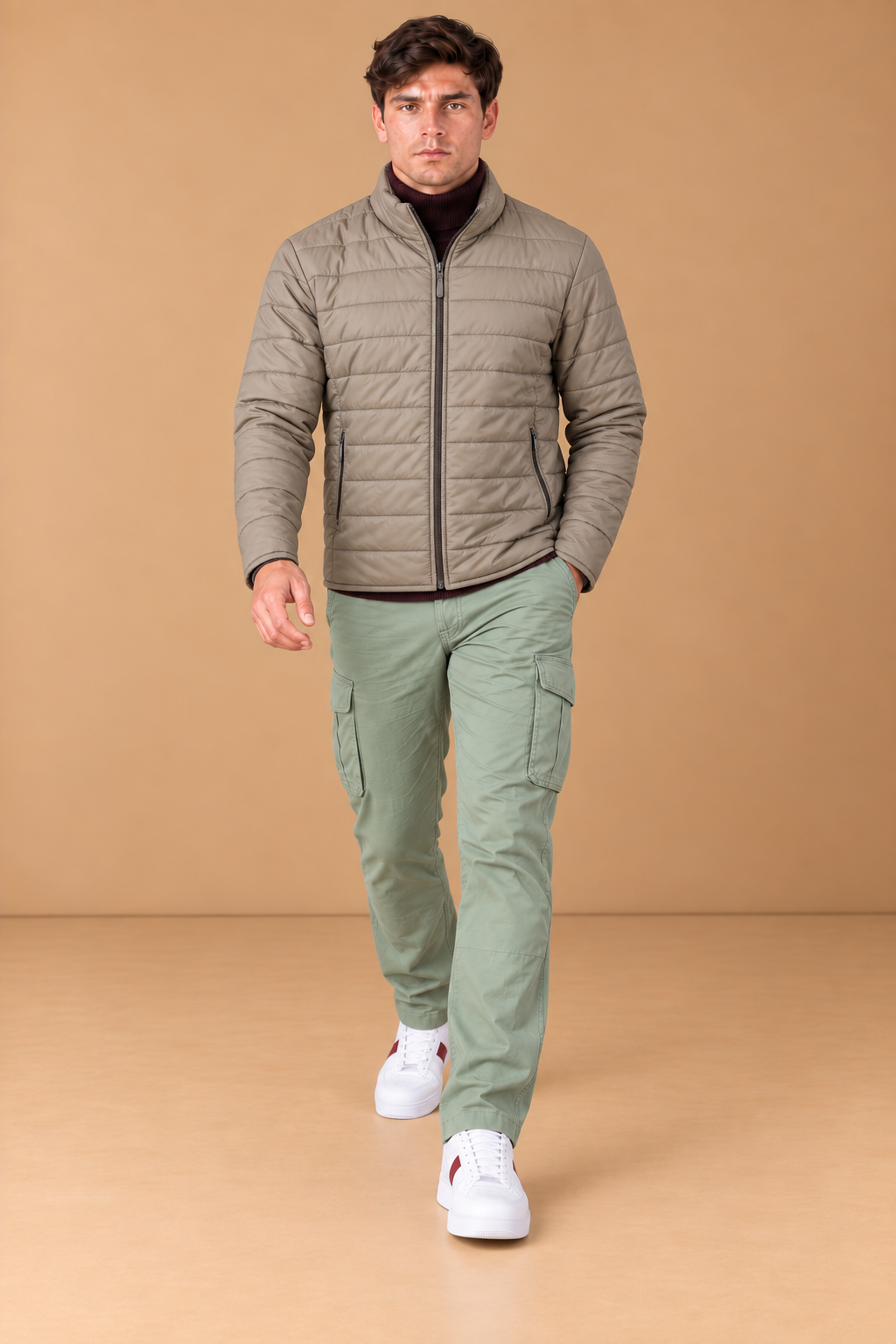 Men’s Reversible Puffer Jacket – Espresso & Khakhi Grey Regular Fit Full-Zip Winter Jacket
