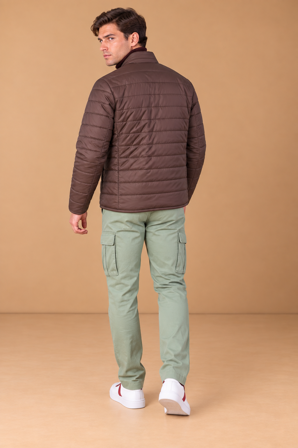 Men’s Reversible Puffer Jacket – Espresso & Khakhi Grey Regular Fit Full-Zip Winter Jacket