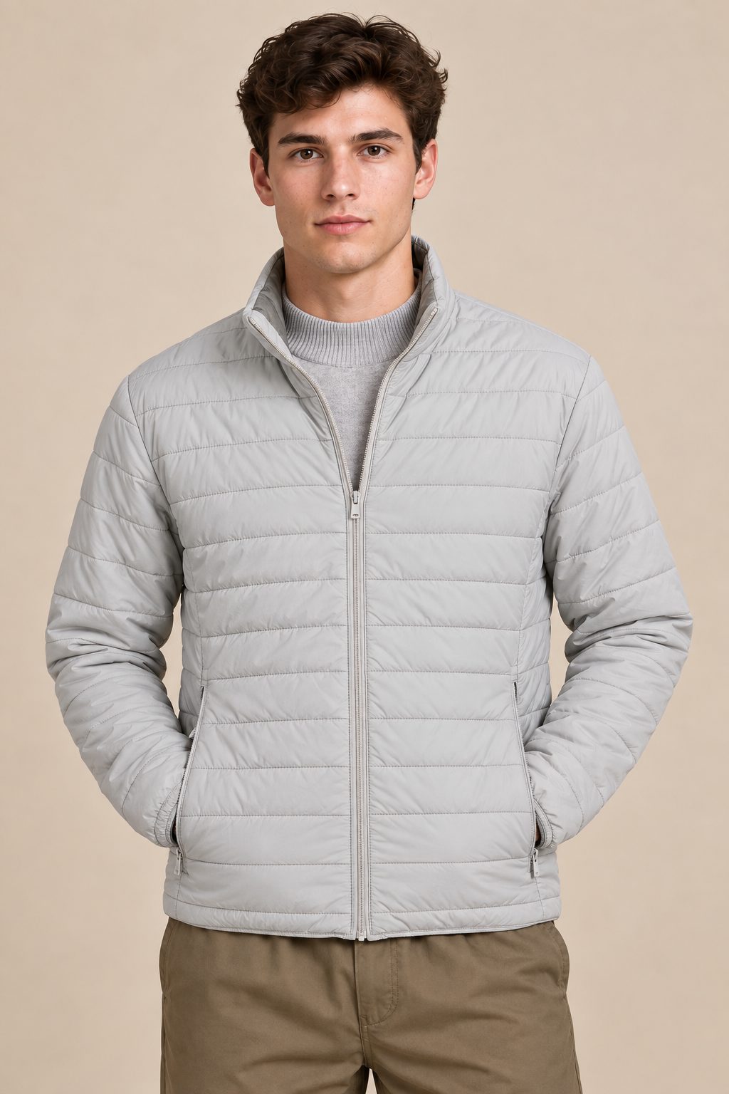 Men’s Reversible Puffer Jacket – Stone & Light Olive  Regular Fit Full-Zip Winter Jacket