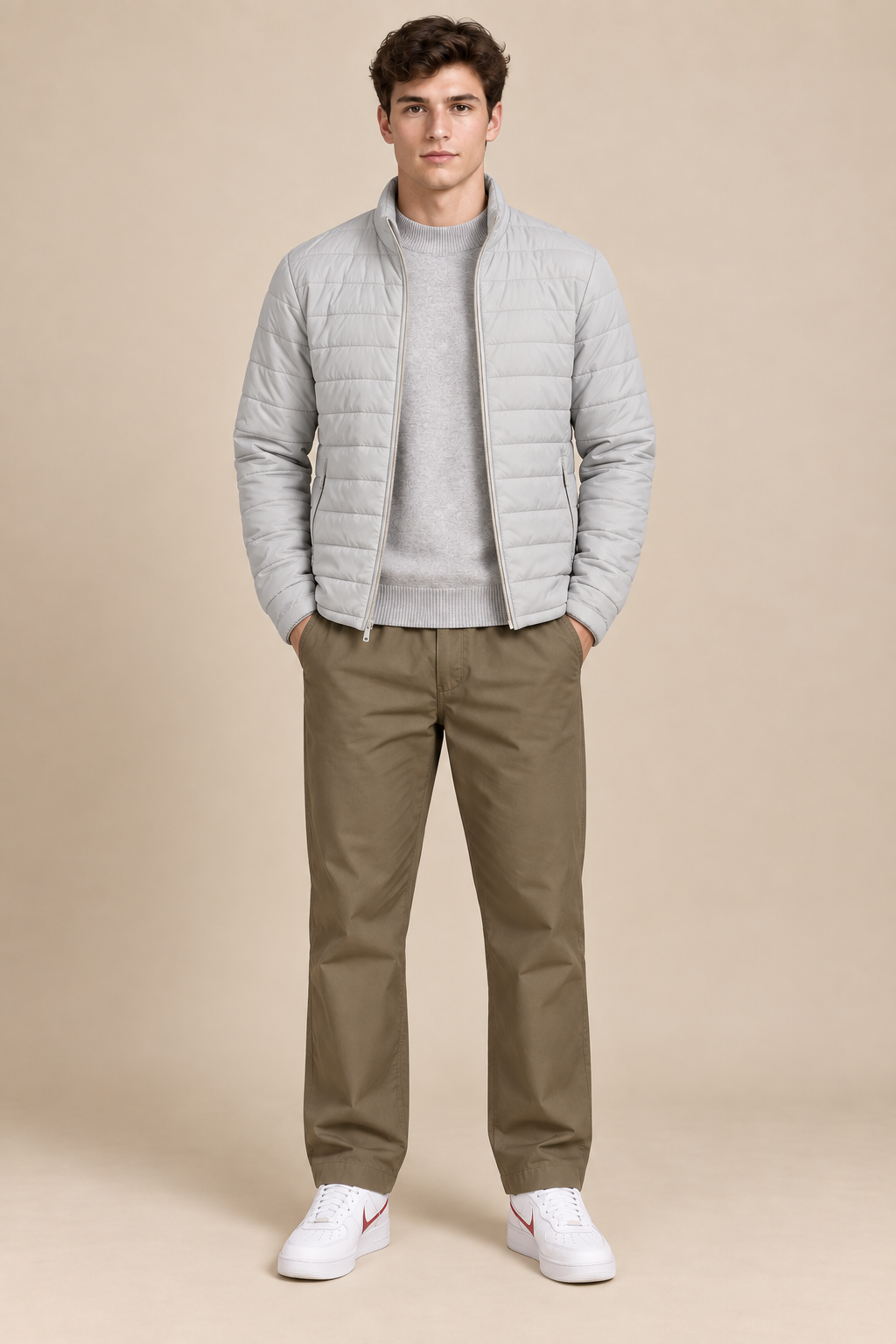 Men’s Reversible Puffer Jacket – Stone & Light Olive  Regular Fit Full-Zip Winter Jacket