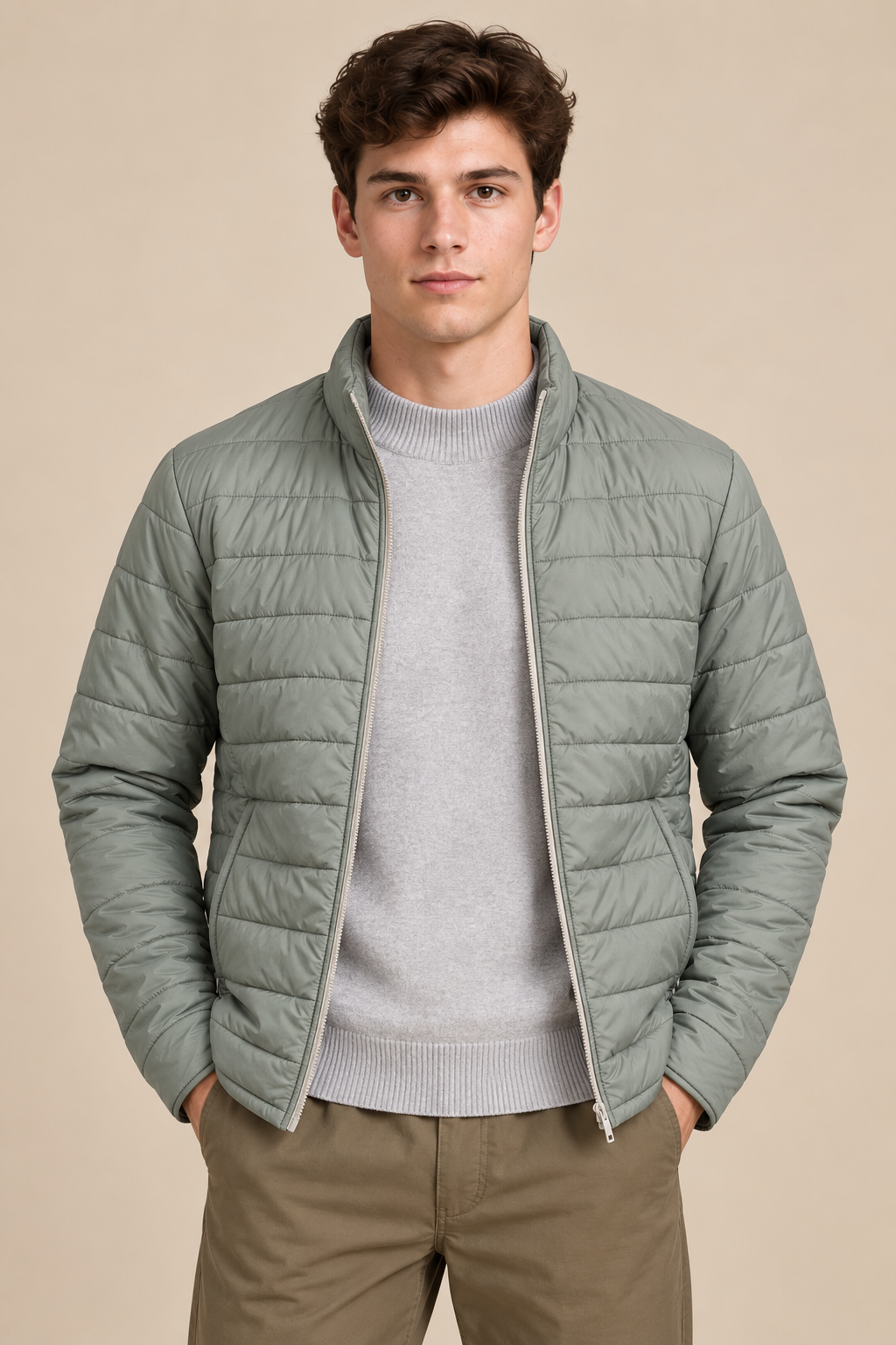 Men’s Reversible Puffer Jacket – Stone & Light Olive  Regular Fit Full-Zip Winter Jacket