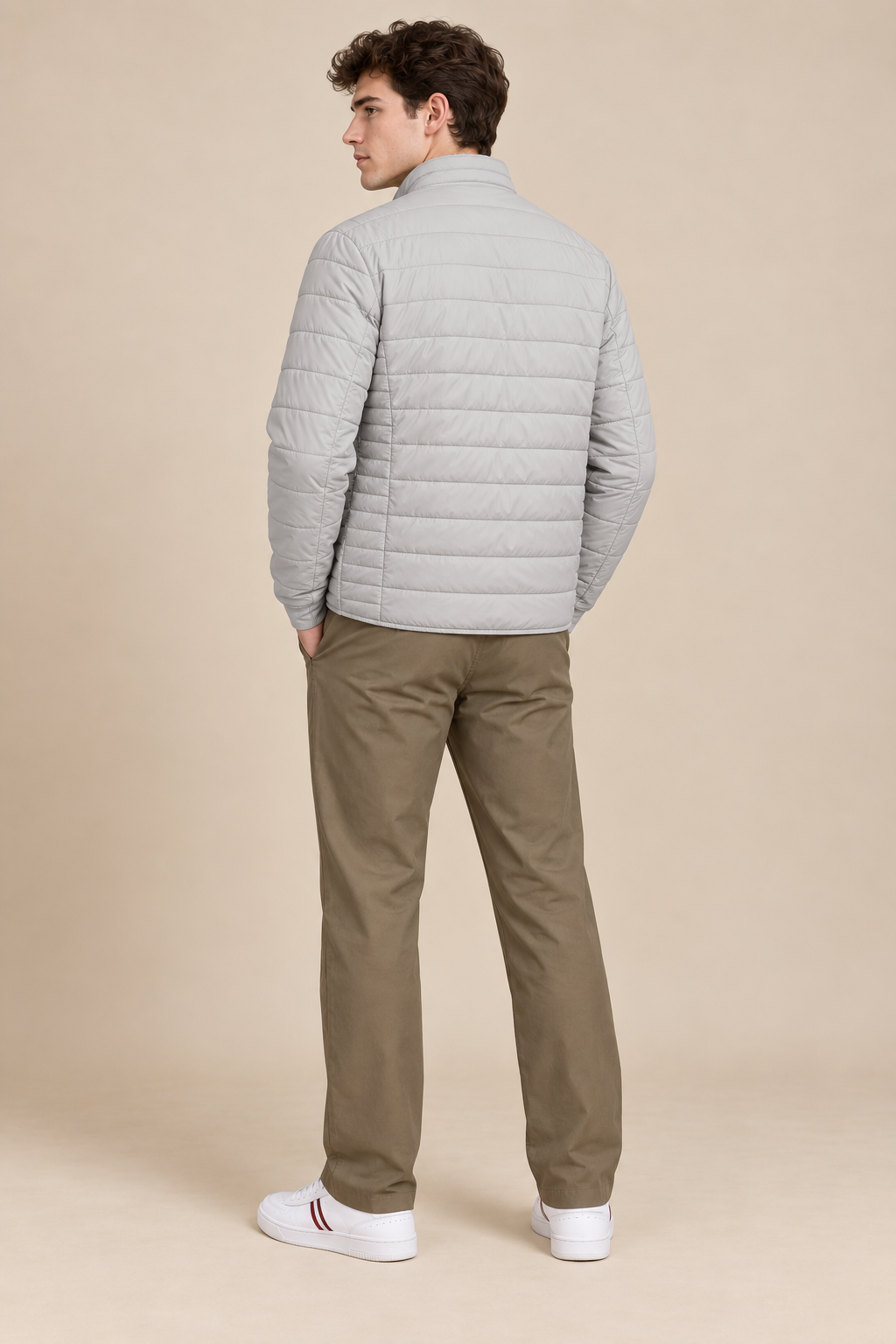 Men’s Reversible Puffer Jacket – Stone & Light Olive  Regular Fit Full-Zip Winter Jacket