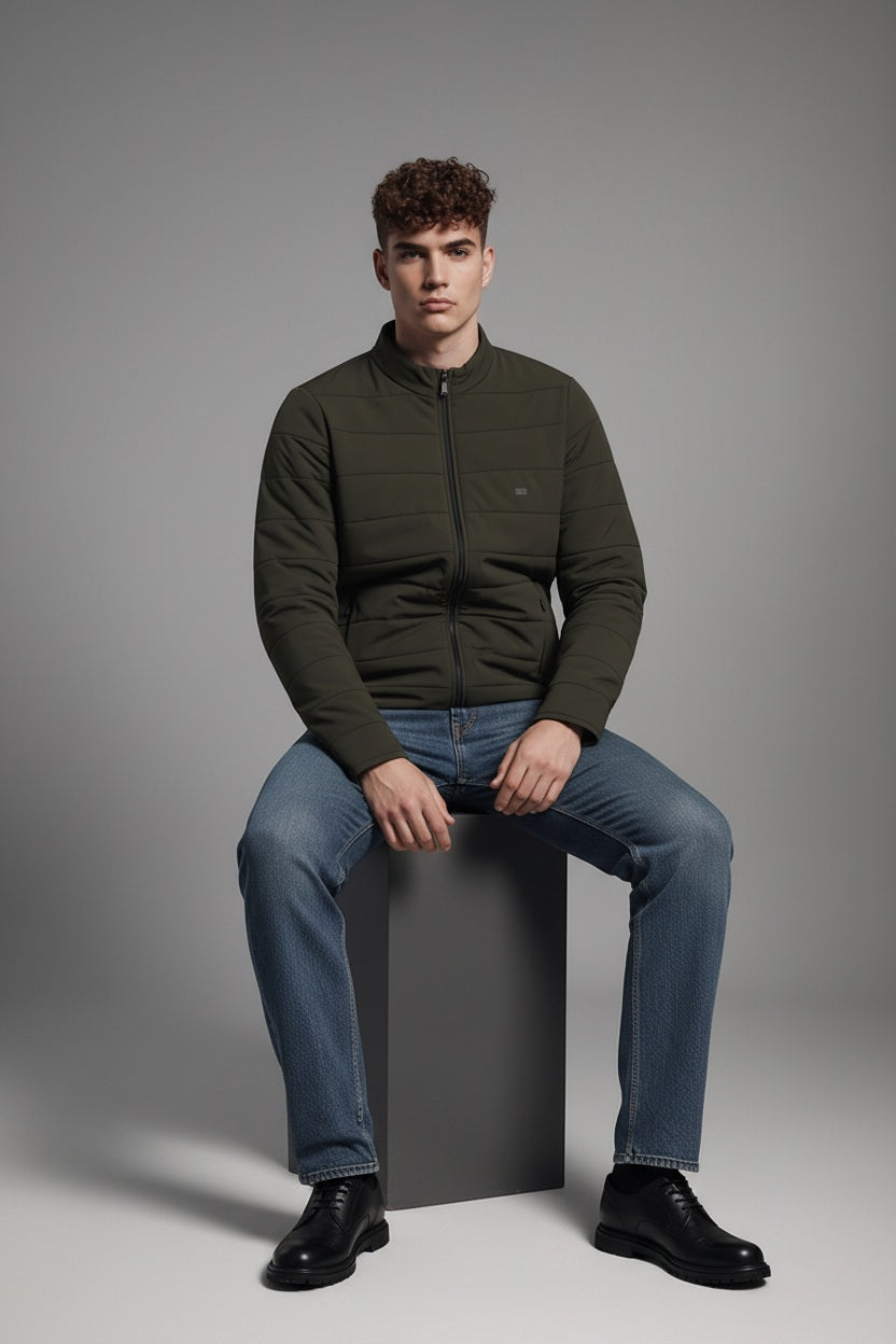 Men Dark Olive Lightweight Puffer Jacket