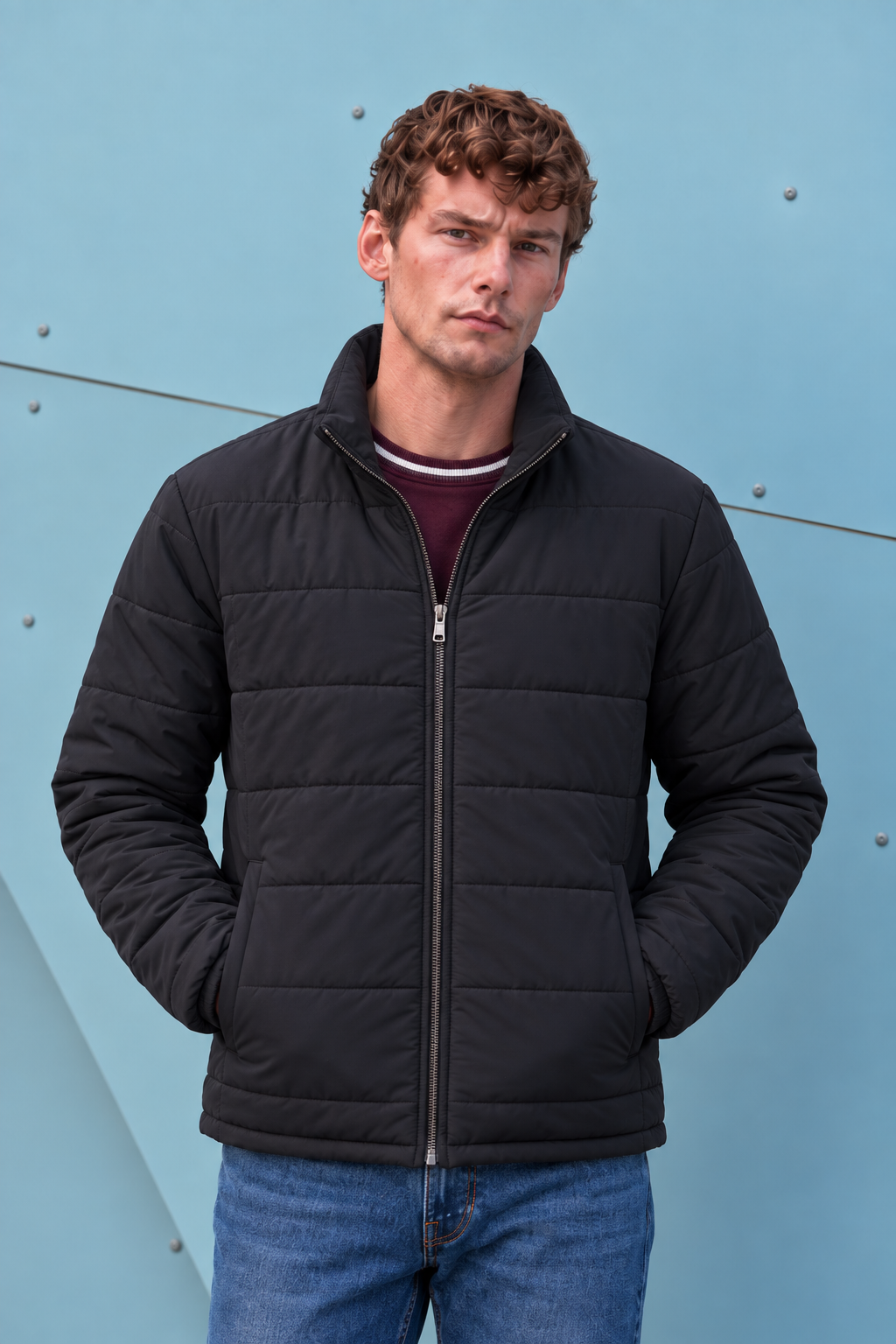 Men’s Nylon Reversible Puffer Jacket – Black & Espresso Regular Fit Full-Zip Winter Jacket