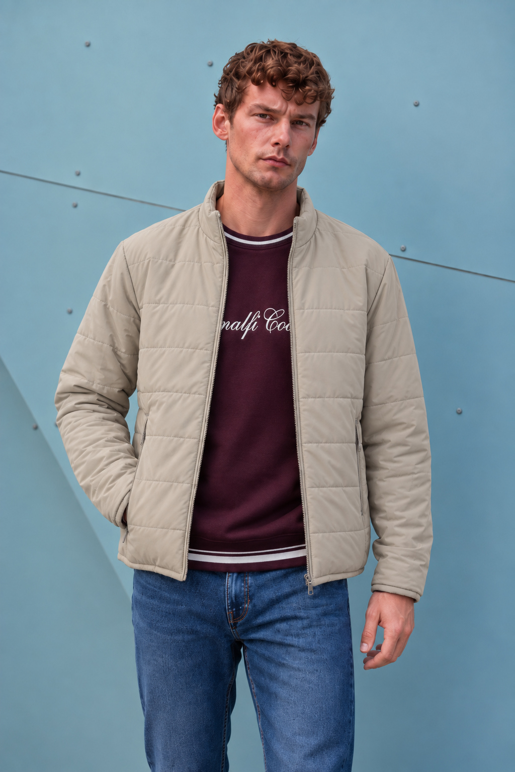 Men’s Nylon Reversible Puffer Jacket – Mastic & Sand Regular Fit Full-Zip Winter Jacket