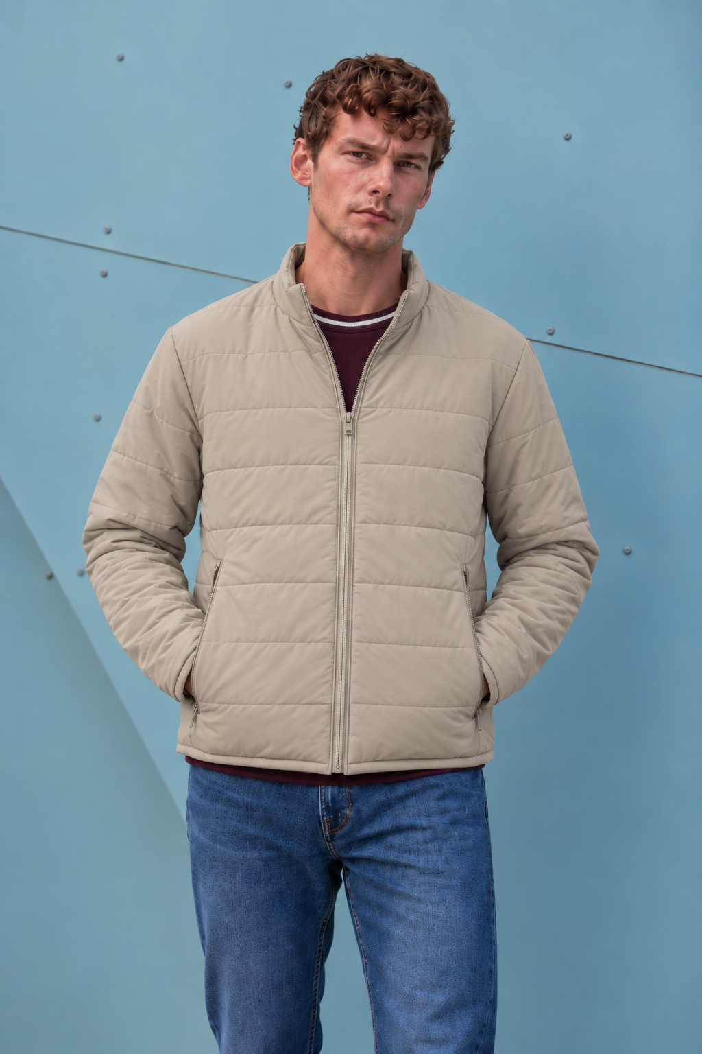 Men’s Nylon Reversible Puffer Jacket – Mastic & Sand Regular Fit Full-Zip Winter Jacket
