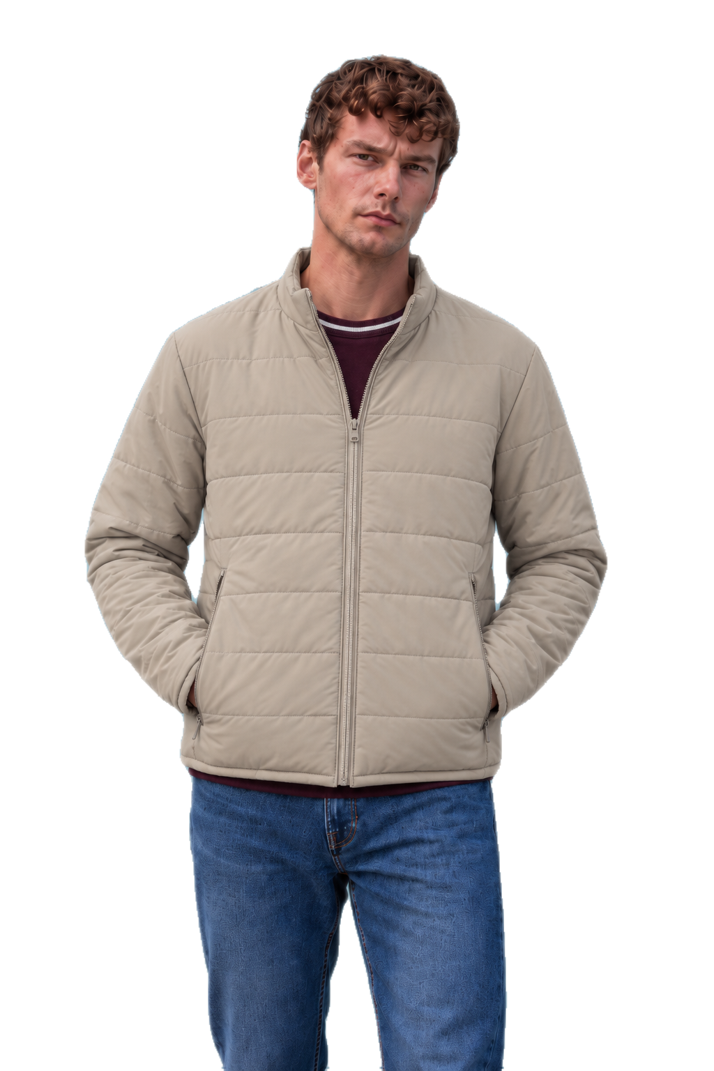 Men’s Nylon Reversible Puffer Jacket – Mastic & Sand Regular Fit Full-Zip Winter Jacket