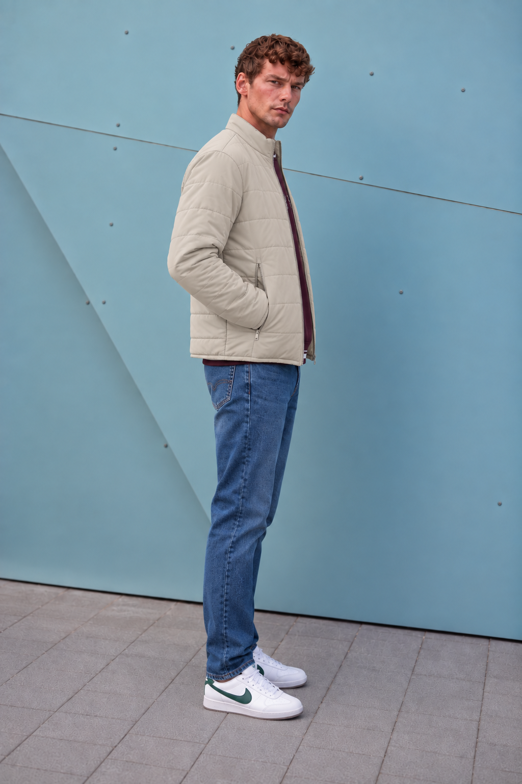 Men’s Nylon Reversible Puffer Jacket – Mastic & Sand Regular Fit Full-Zip Winter Jacket